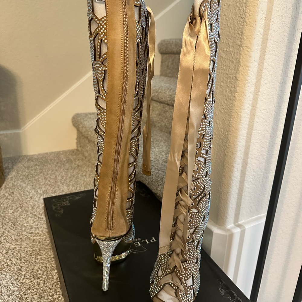 Peep -toe knee high sued and bling boots